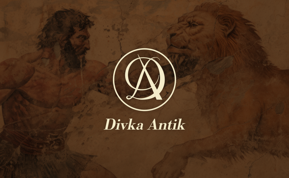 Divka Antik logo, in a light cream yellow colour on a muted brown background with a Greek fresco of Hercule and a lion shining through.